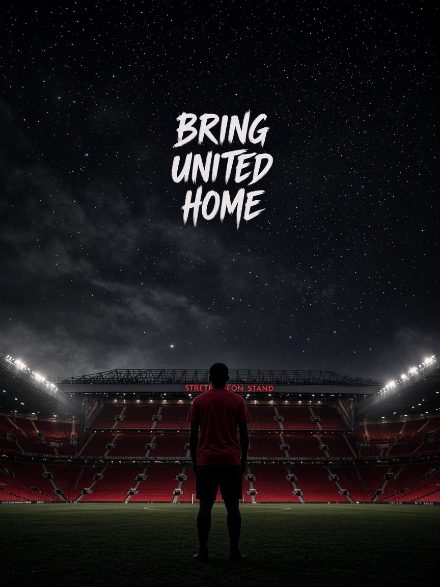 A supporter stands on the pitch at night beneath the words Bring United Home.